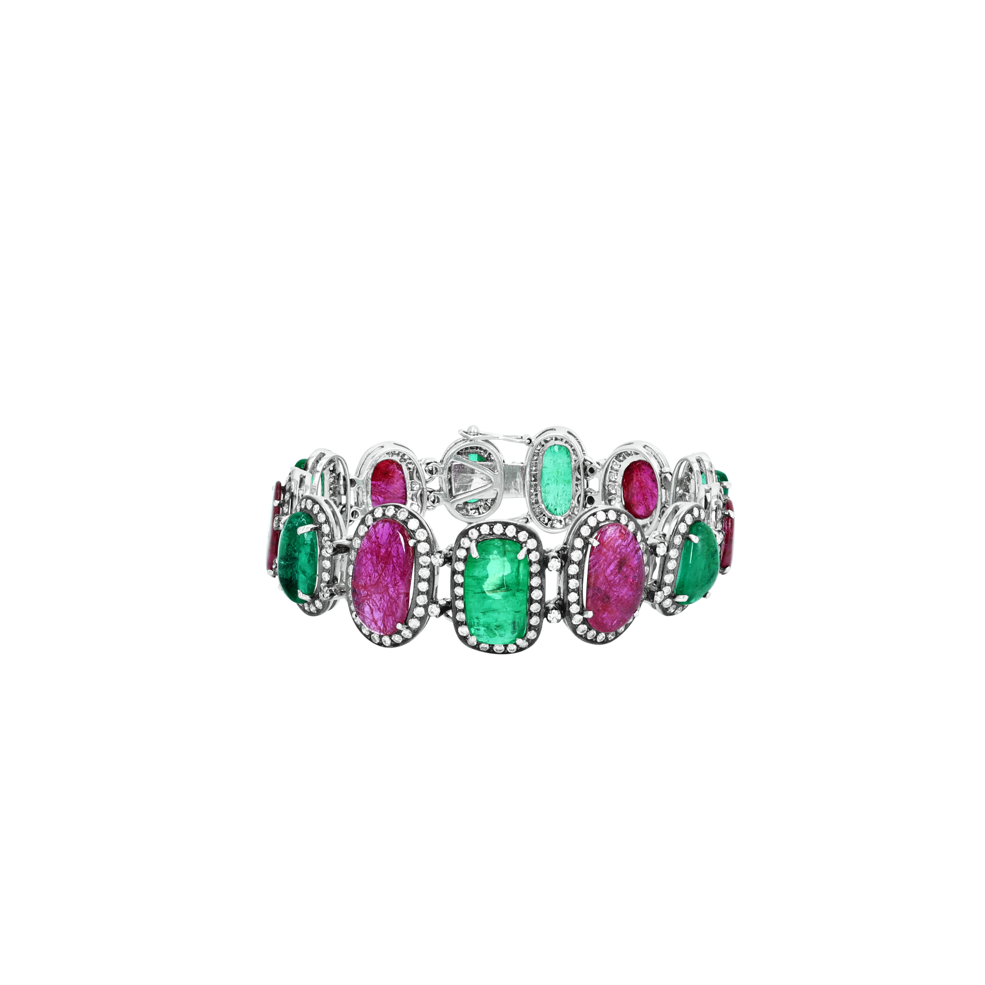 Alternating Pink and Green Bracelet with Diamond Halos